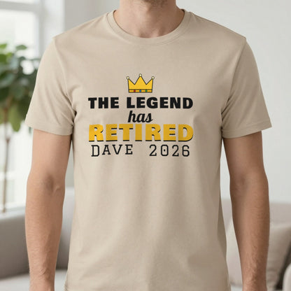 Personalised The Legend Has Retired T-Shirt T-Shirt in Sand, worn, our photo