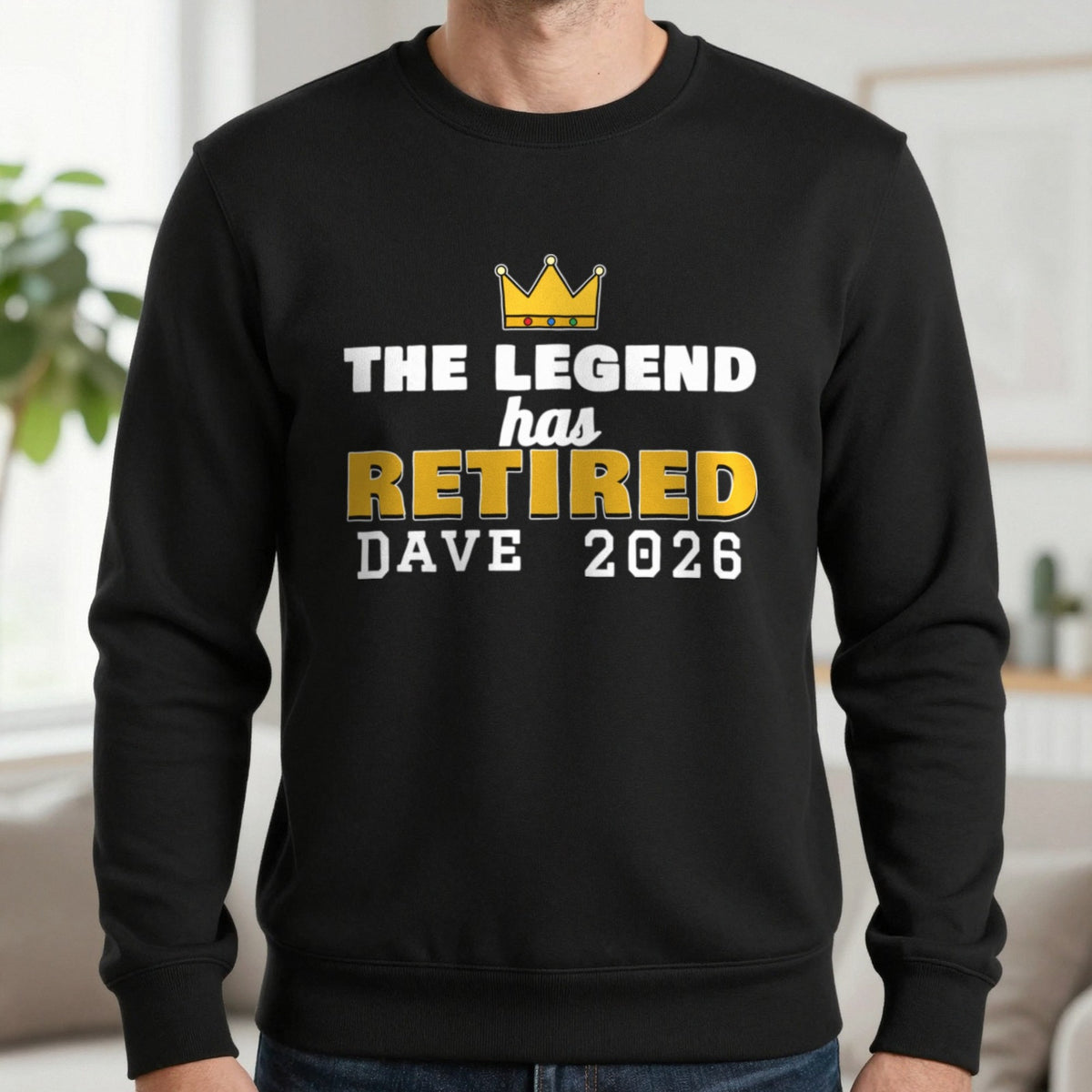 Personalised The Legend Has Retired T-Shirt Sweatshirt in Black, worn, our photo