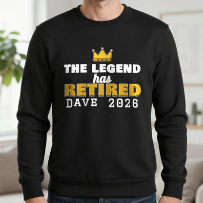 Personalised The Legend Has Retired T-Shirt Sweatshirt in Black, worn, our photo