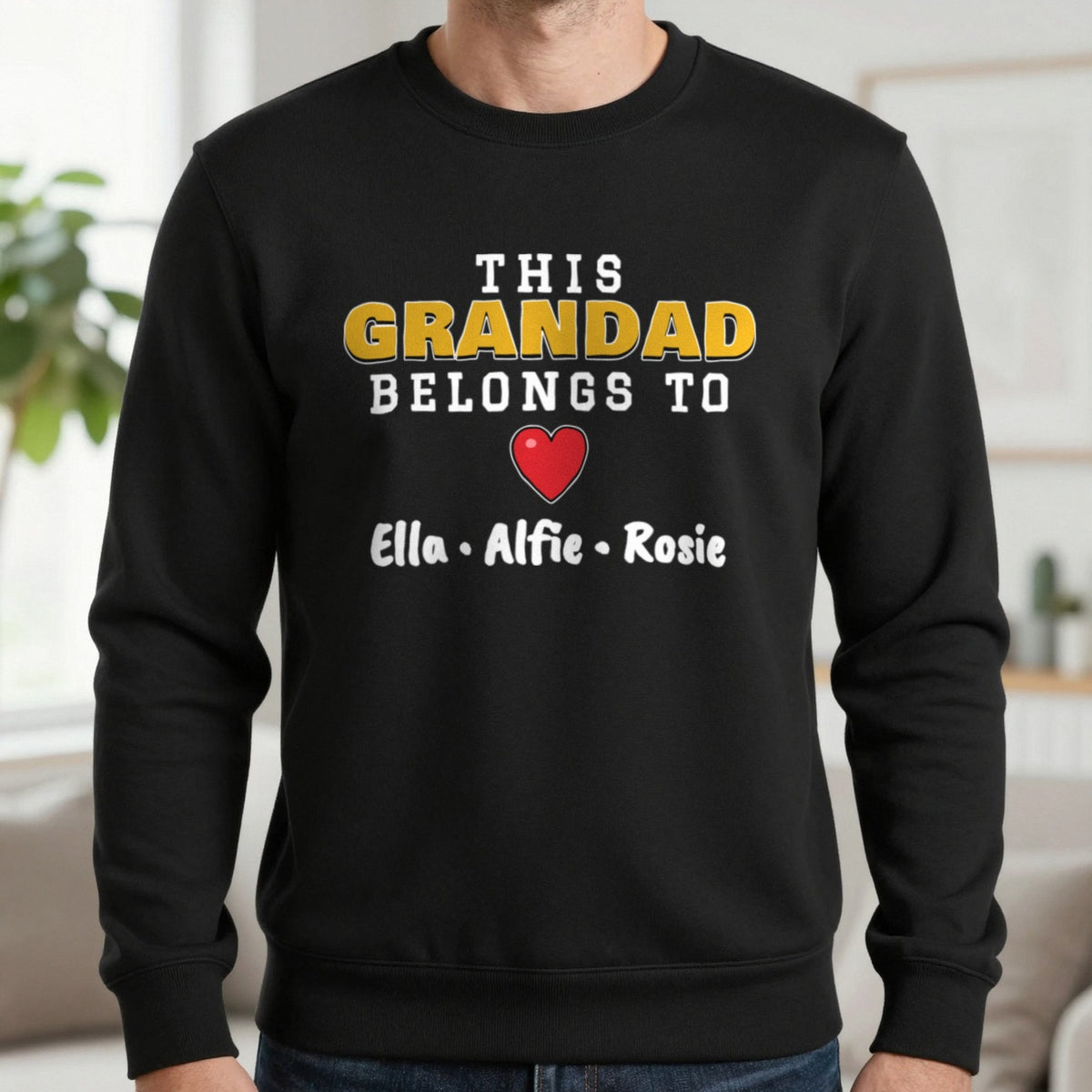 Personalised This Grandad Belongs To T-Shirt & Sweatshirt Sweatshirt in Black, worn, our photo