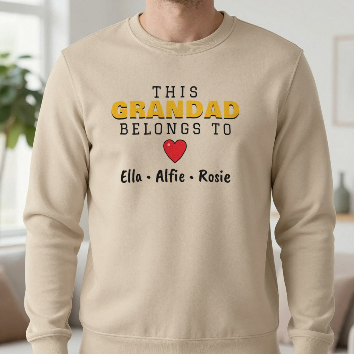 Personalised This Grandad Belongs To T-Shirt & Sweatshirt Sweatshirt in Sand, worn, our photo