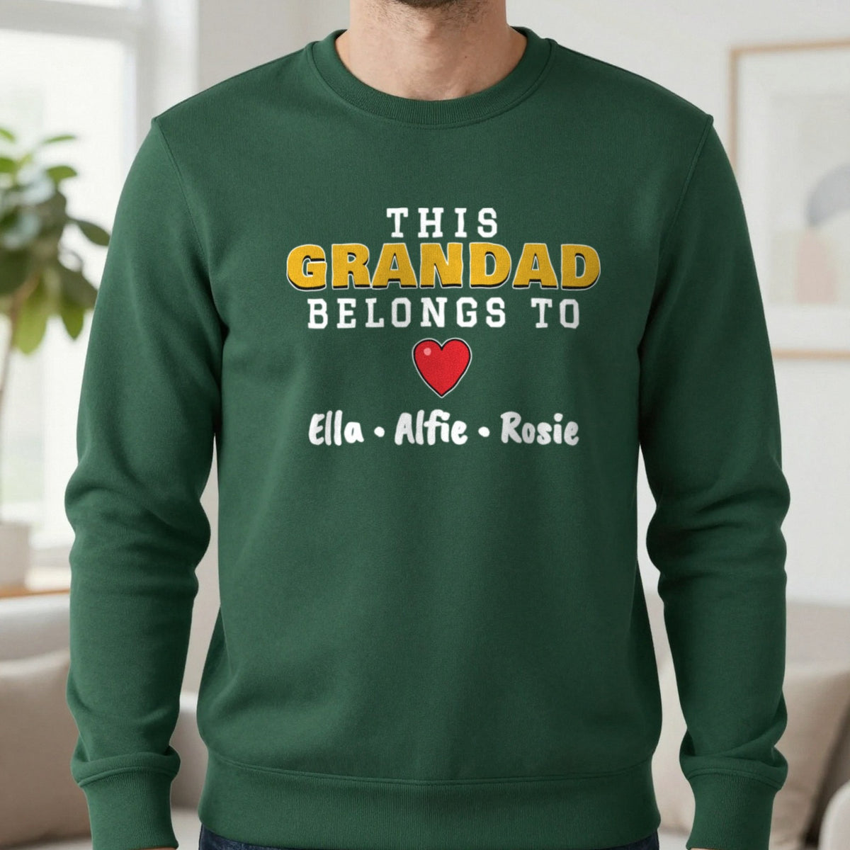 Personalised This Grandad Belongs To T-Shirt & Sweatshirt Sweatshirt in Forest Green, worn, our photo