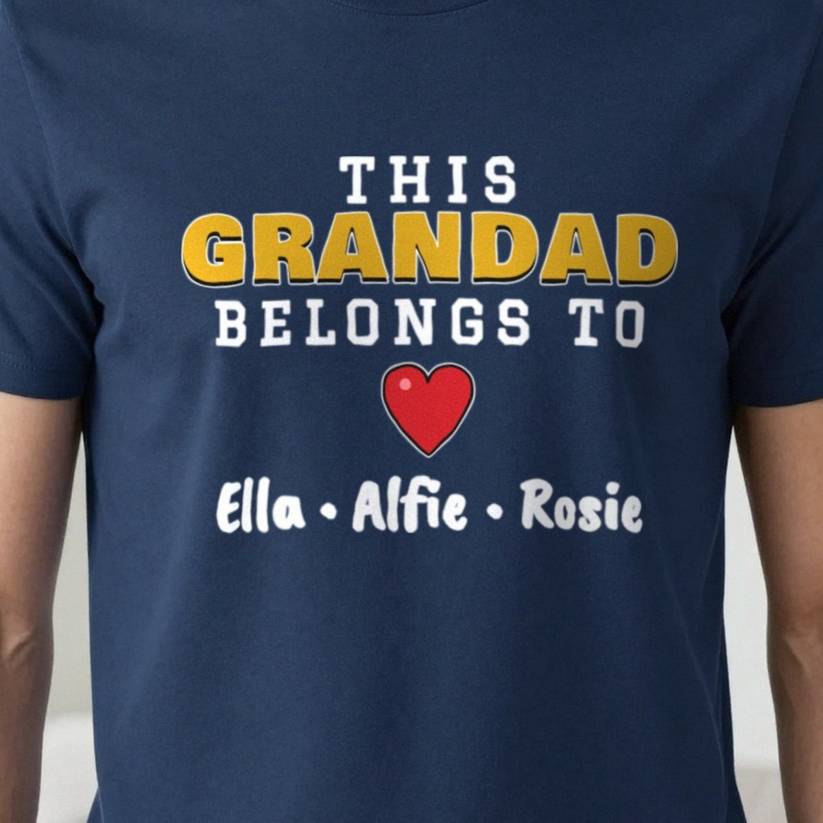 Personalised This Grandad Belongs To T-Shirt & Sweatshirt print close-up, our photo