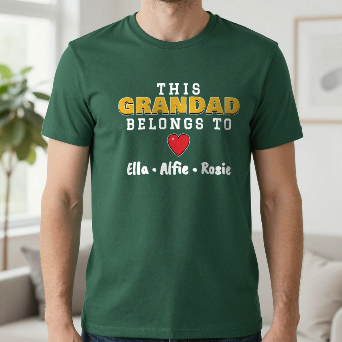 Personalised This Grandad Belongs To T-Shirt & Sweatshirt T-Shirt in Forest Green, worn, our photo