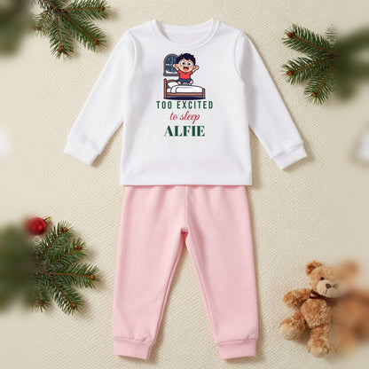 Too Excited To Sleep Personalised Kids Christmas Pyjamas, Kids in White / Pink, our photo
