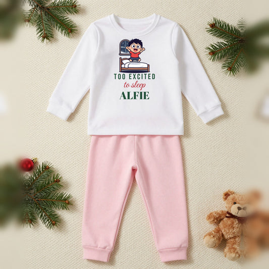 Too Excited To Sleep Personalised Kids Christmas Pyjamas, Kids in White / Pink, our photo