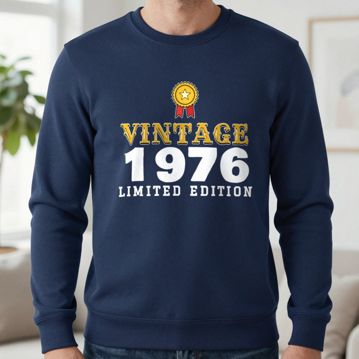 Personalised Vintage Year Limited Edition T-Shirt Sweatshirt in Navy, worn, our photo