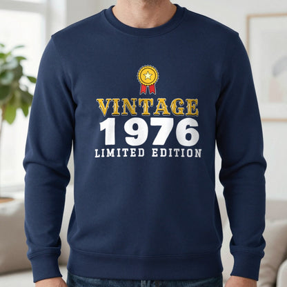 Personalised Vintage Year Limited Edition T-Shirt Sweatshirt in Navy, worn, our photo