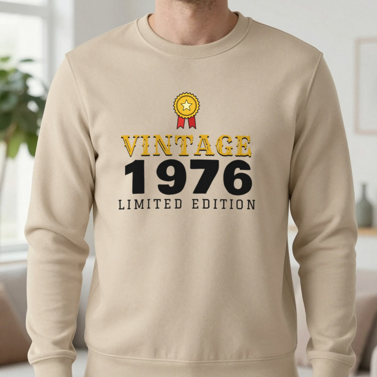 Personalised Vintage Year Limited Edition T-Shirt Sweatshirt in Sand, worn, our photo