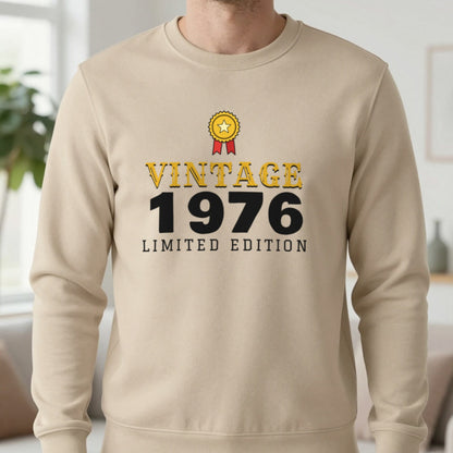 Personalised Vintage Year Limited Edition T-Shirt Sweatshirt in Sand, worn, our photo