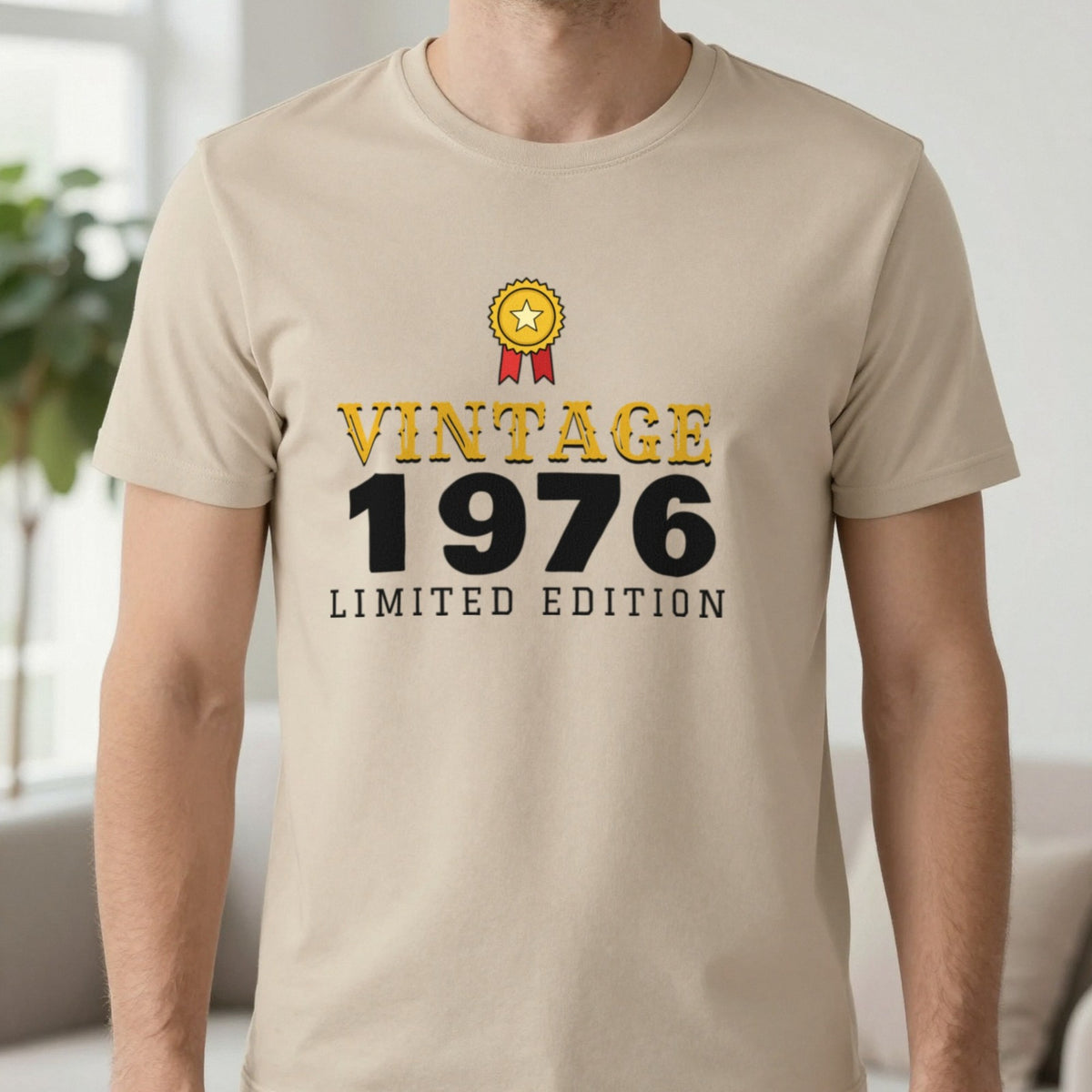 Personalised Vintage Year Limited Edition T-Shirt T-Shirt in Sand, worn, our photo
