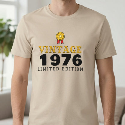 Personalised Vintage Year Limited Edition T-Shirt T-Shirt in Sand, worn, our photo