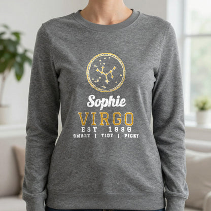 Personalised Virgo T-Shirt & Sweatshirt Sweatshirt in Charcoal, worn, our photo
