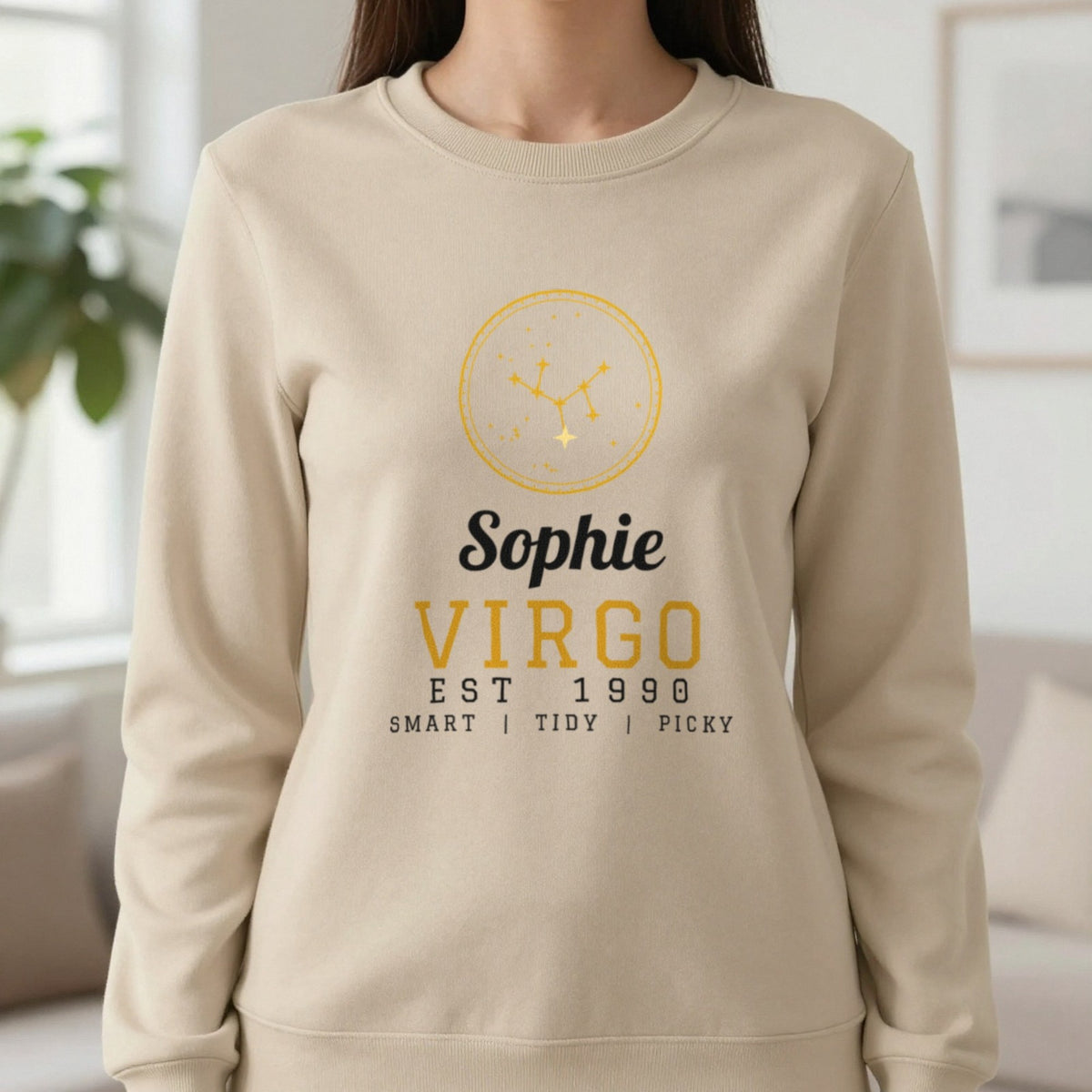 Personalised Virgo T-Shirt & Sweatshirt Sweatshirt in Sand, worn, our photo