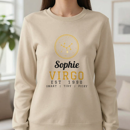 Personalised Virgo T-Shirt & Sweatshirt Sweatshirt in Sand, worn, our photo