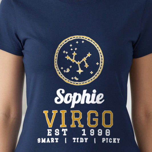 Personalised Virgo T-Shirt & Sweatshirt print close-up, our photo
