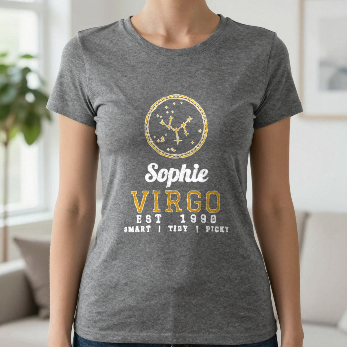 Personalised Virgo T-Shirt & Sweatshirt T-Shirt in Charcoal, worn, our photo