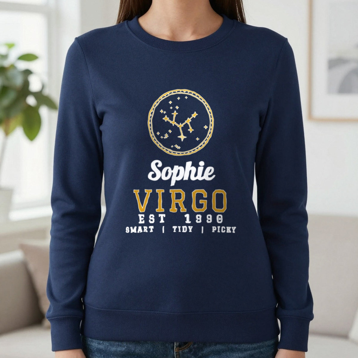 Personalised Virgo T-Shirt & Sweatshirt Sweatshirt in Navy, worn, our photo