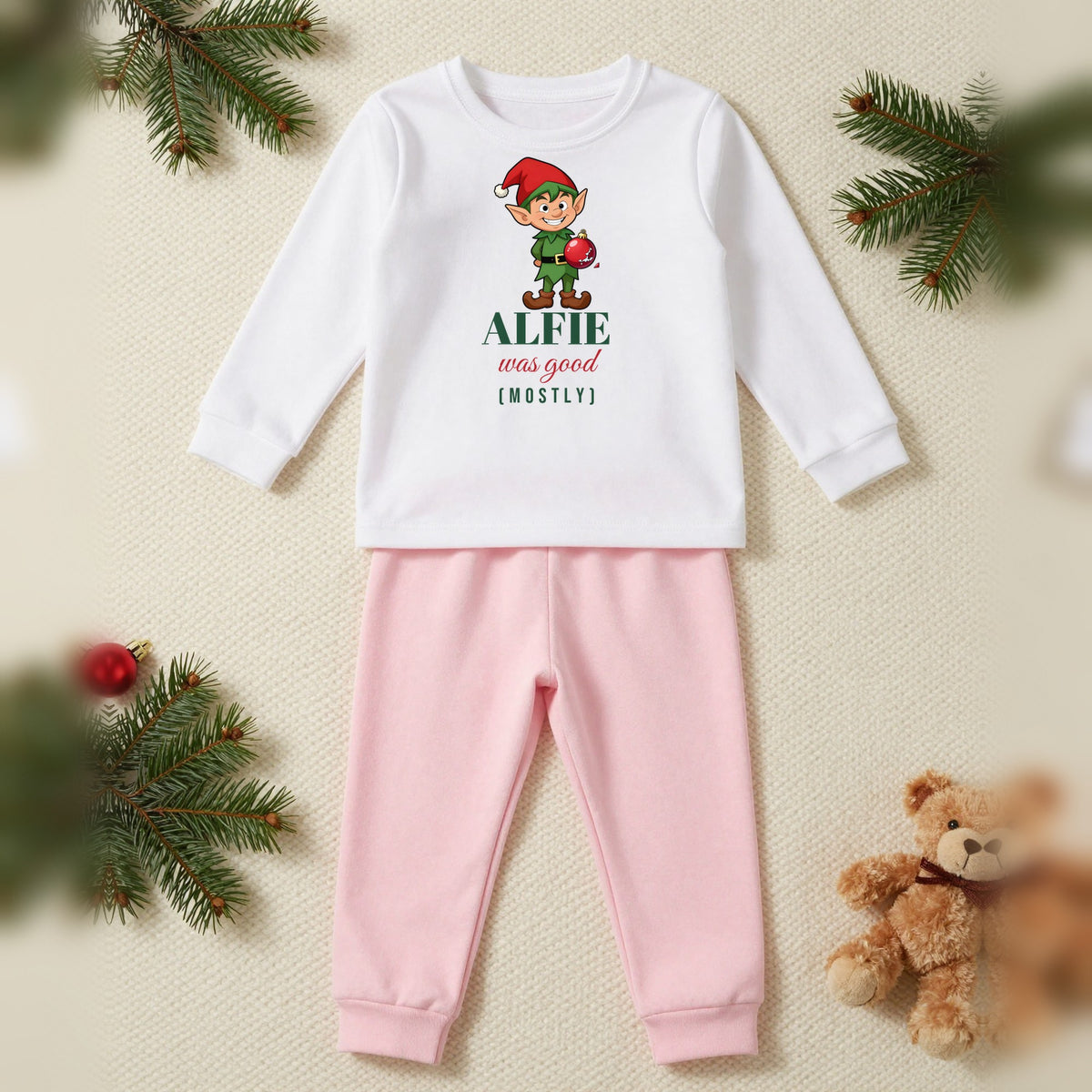 Was Good Mostly Personalised Kids Christmas Pyjamas, Kids in White / Pink, our photo