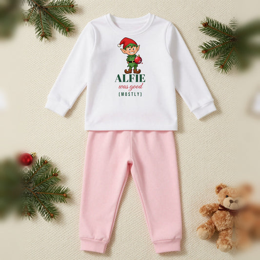 Was Good Mostly Personalised Kids Christmas Pyjamas, Kids in White / Pink, our photo