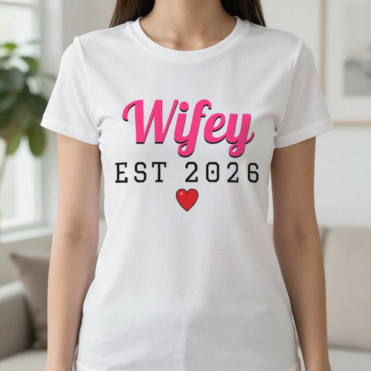 Personalised Wifey Est. T-Shirt T-Shirt in White, worn, our photo