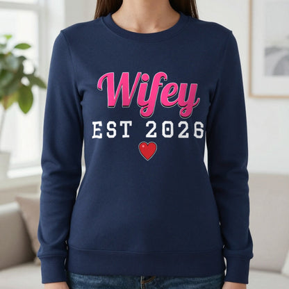 Personalised Wifey Est. T-Shirt Sweatshirt in Navy, worn, our photo