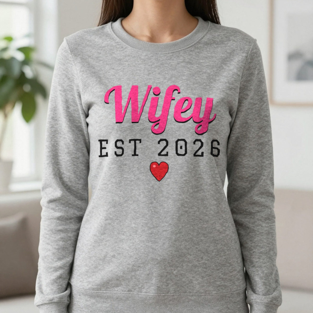 Personalised Wifey Est. T-Shirt Sweatshirt in Sport Grey, worn, our photo