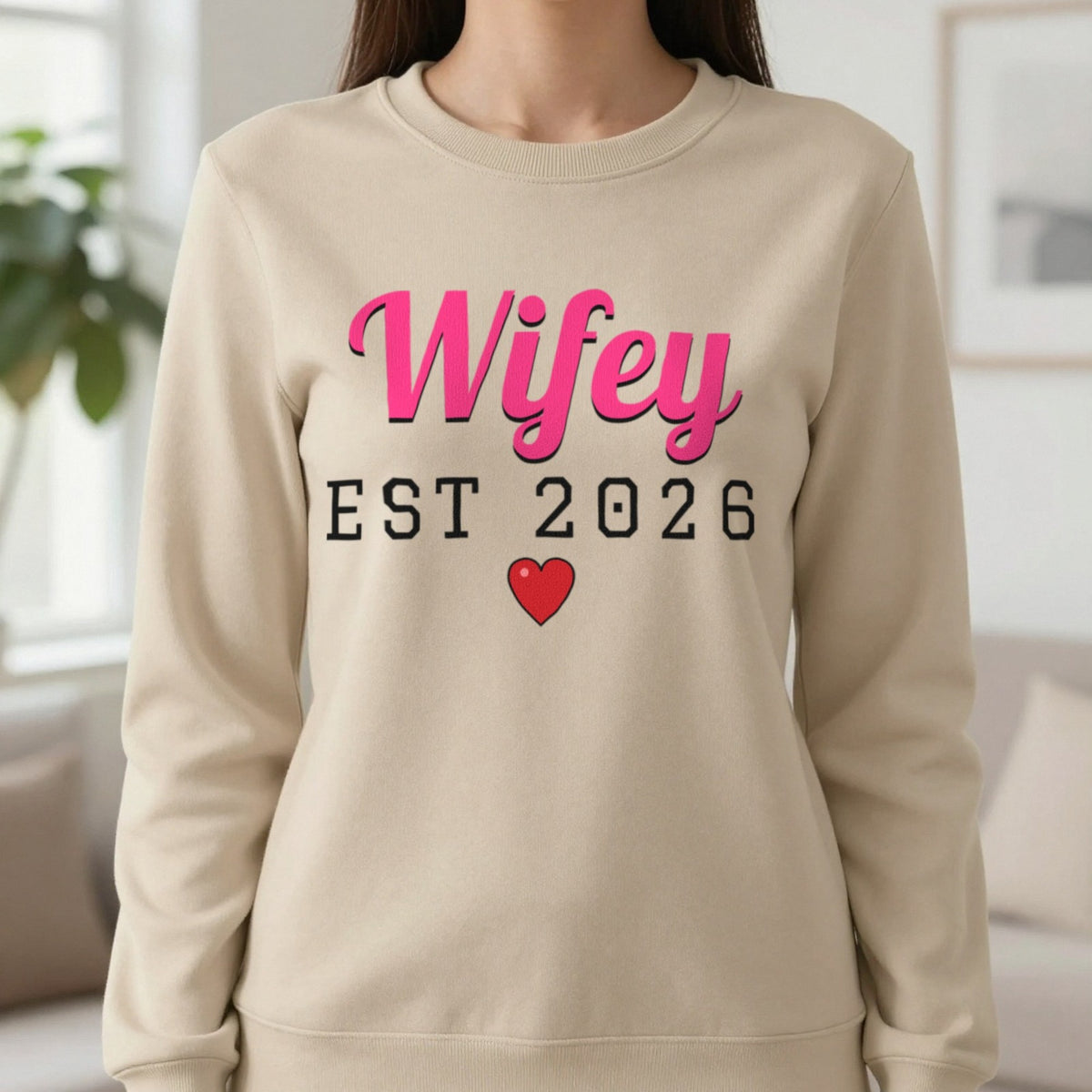 Personalised Wifey Est. T-Shirt Sweatshirt in Sand, worn, our photo