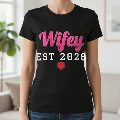 Personalised Wifey Est. T-Shirt T-Shirt in Black, worn, our photo