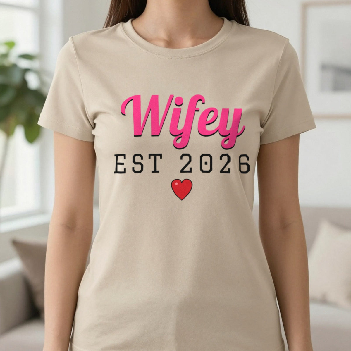 Personalised Wifey Est. T-Shirt T-Shirt in Sand, worn, our photo
