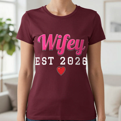 Personalised Wifey Est. T-Shirt T-Shirt in Maroon, worn, our photo