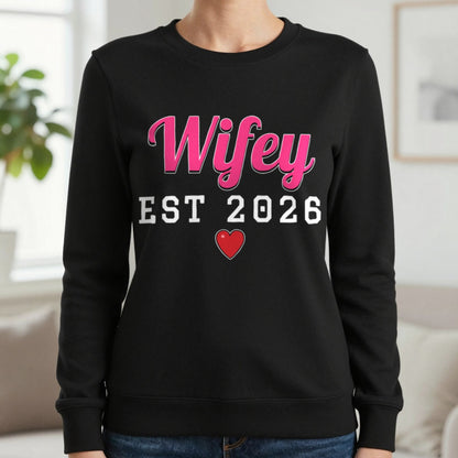 Personalised Wifey Est. T-Shirt Sweatshirt in Black, worn, our photo