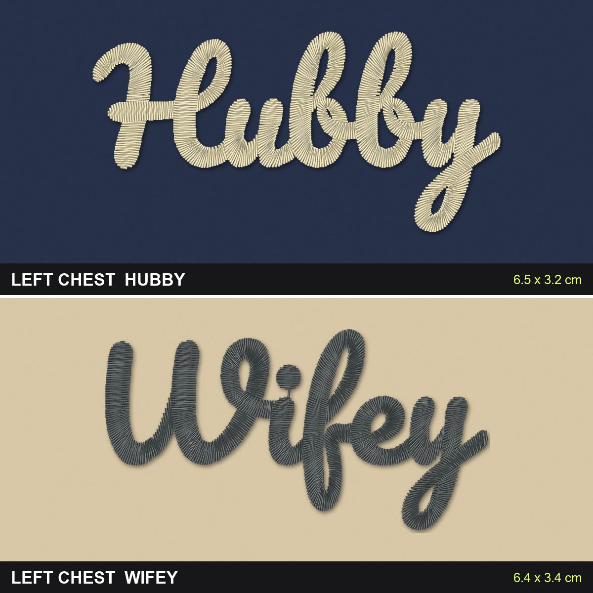 Wifey and Hubby Sweatshirts Set: close-up of the real stitches with sizes