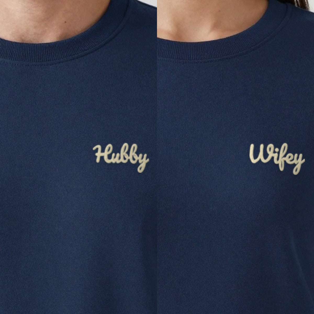 Wifey and Hubby Sweatshirts Set, set of 2 sweatshirts in navy, embroidered