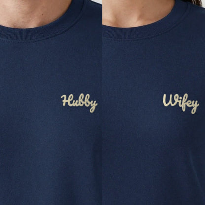 Wifey and Hubby Sweatshirts Set, set of 2 sweatshirts in navy, embroidered
