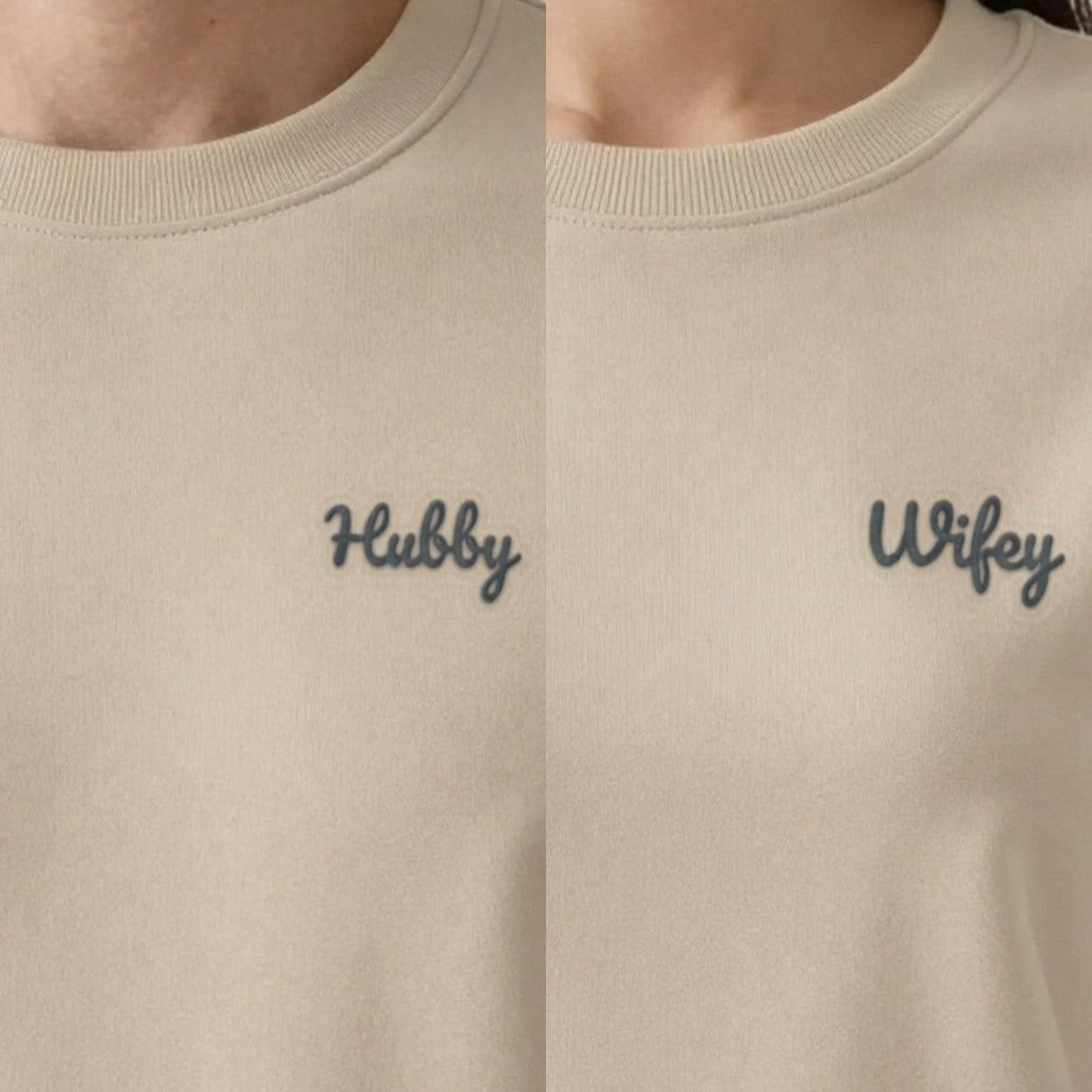 Wifey and Hubby Sweatshirts Set, set of 2 sweatshirts in sand, embroidered