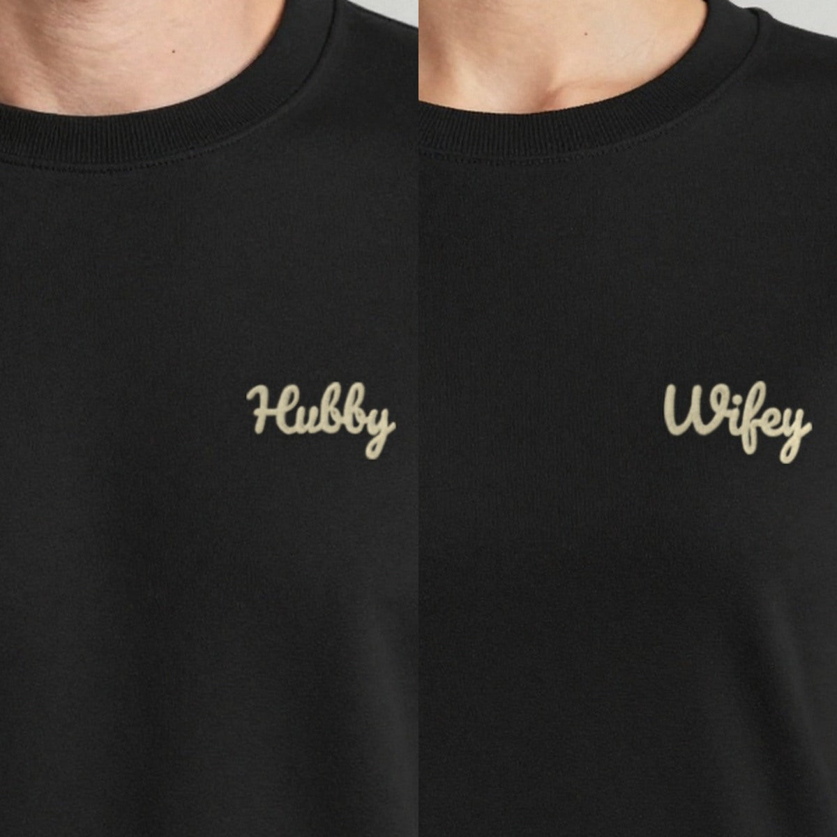 Wifey and Hubby Sweatshirts Set, set of 2 sweatshirts in black, embroidered