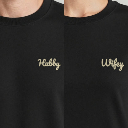 Wifey and Hubby Sweatshirts Set, set of 2 sweatshirts in black, embroidered