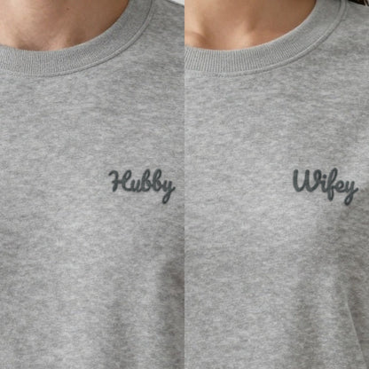 Wifey and Hubby Sweatshirts Set, set of 2 sweatshirts in ash, embroidered