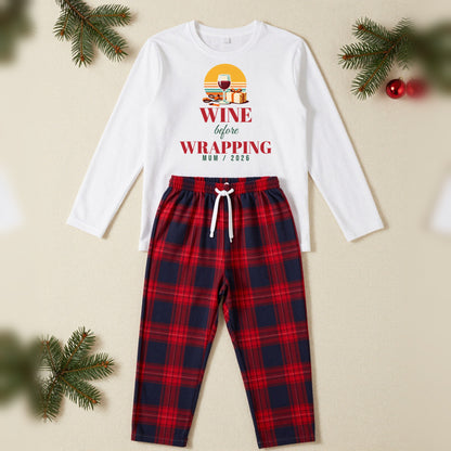 Wine Before Wrapping Personalised Christmas Pyjamas, Adult in White / Red Tartan, our photo