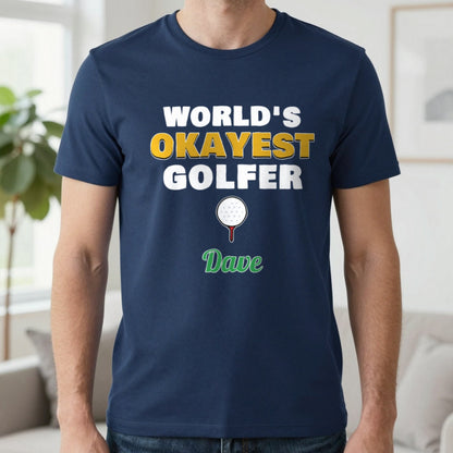 Personalised World's Okayest Golfer T-Shirt & Sweatshirt T-Shirt in Navy, worn, our photo