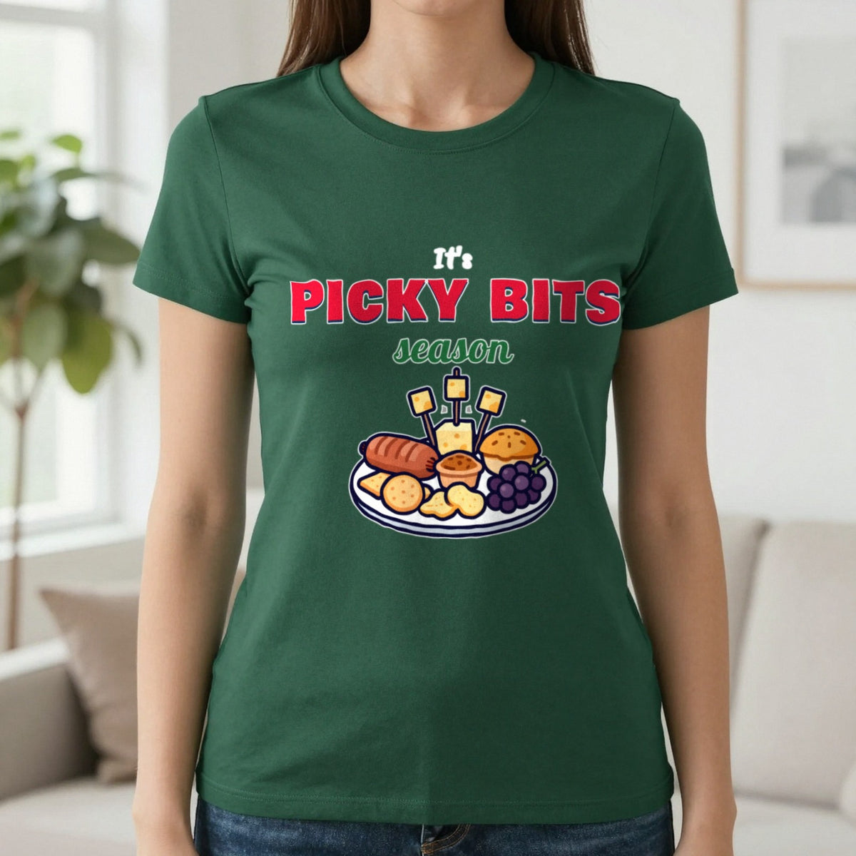 It's Picky Bits Season Christmas Jumper & T-Shirt in Forest Green (T-Shirt), worn, our photo