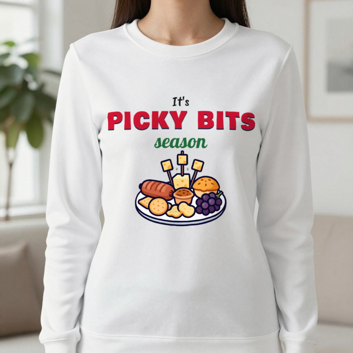 It's Picky Bits Season Christmas Jumper & T-Shirt in White (Sweatshirt), worn, our photo