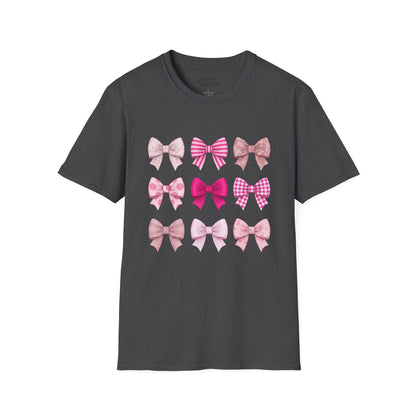 pink bow pattern t-shirt dark heather t-shirt coquette gift idea