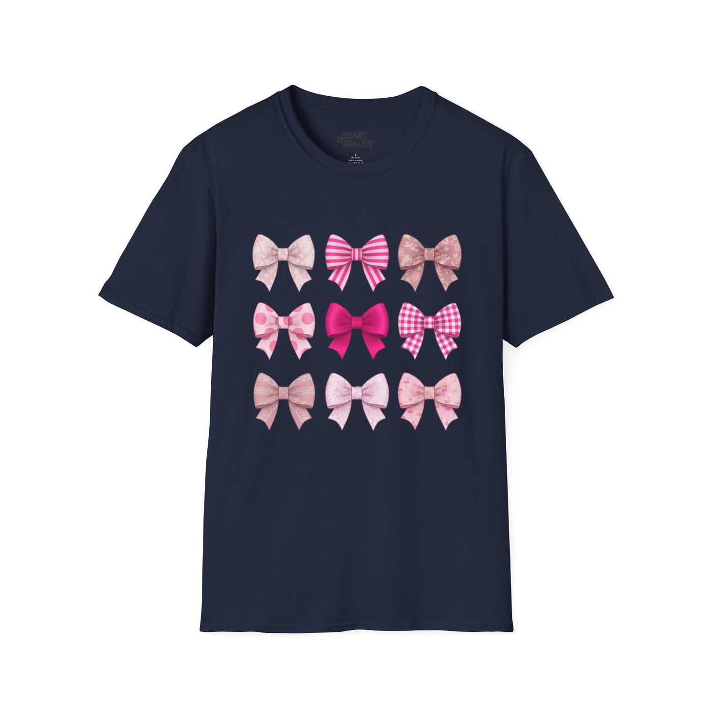 pink bow pattern t-shirt navy t-shirt coquette gift idea