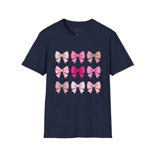 pink bow pattern t-shirt navy t-shirt coquette gift idea