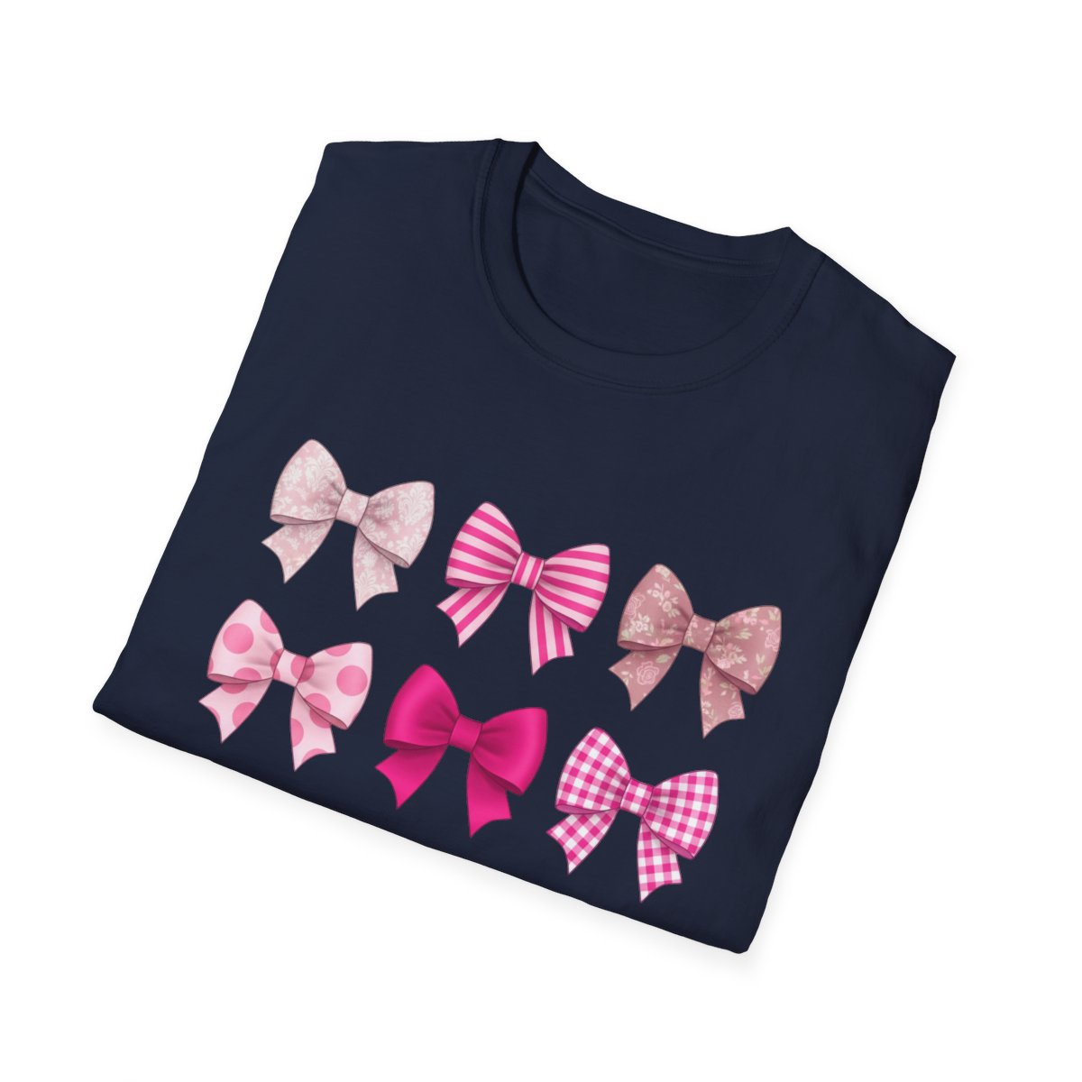 pink bow pattern t-shirt detail shot showing print quality
