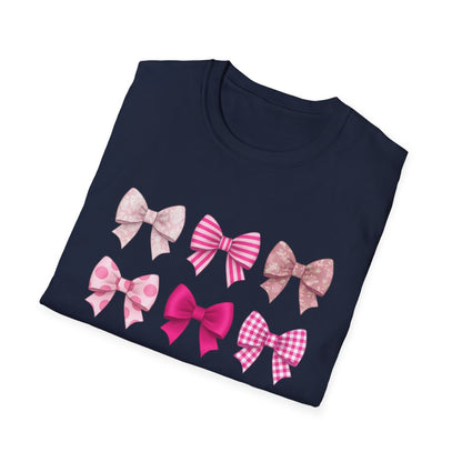 pink bow pattern t-shirt detail shot showing print quality