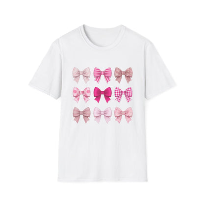 white t-shirt with pink bow graphic print