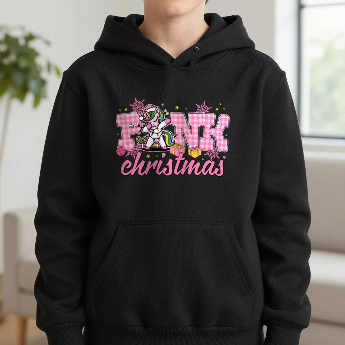 Pink Christmas Unicorn Kids Hoodie in Black, worn, our photo